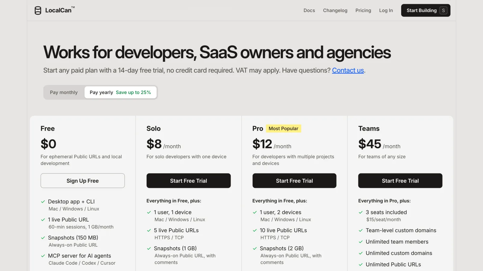 LocalCan pricing page with Free, Solo, Pro and Teams plans, yearly billing shown