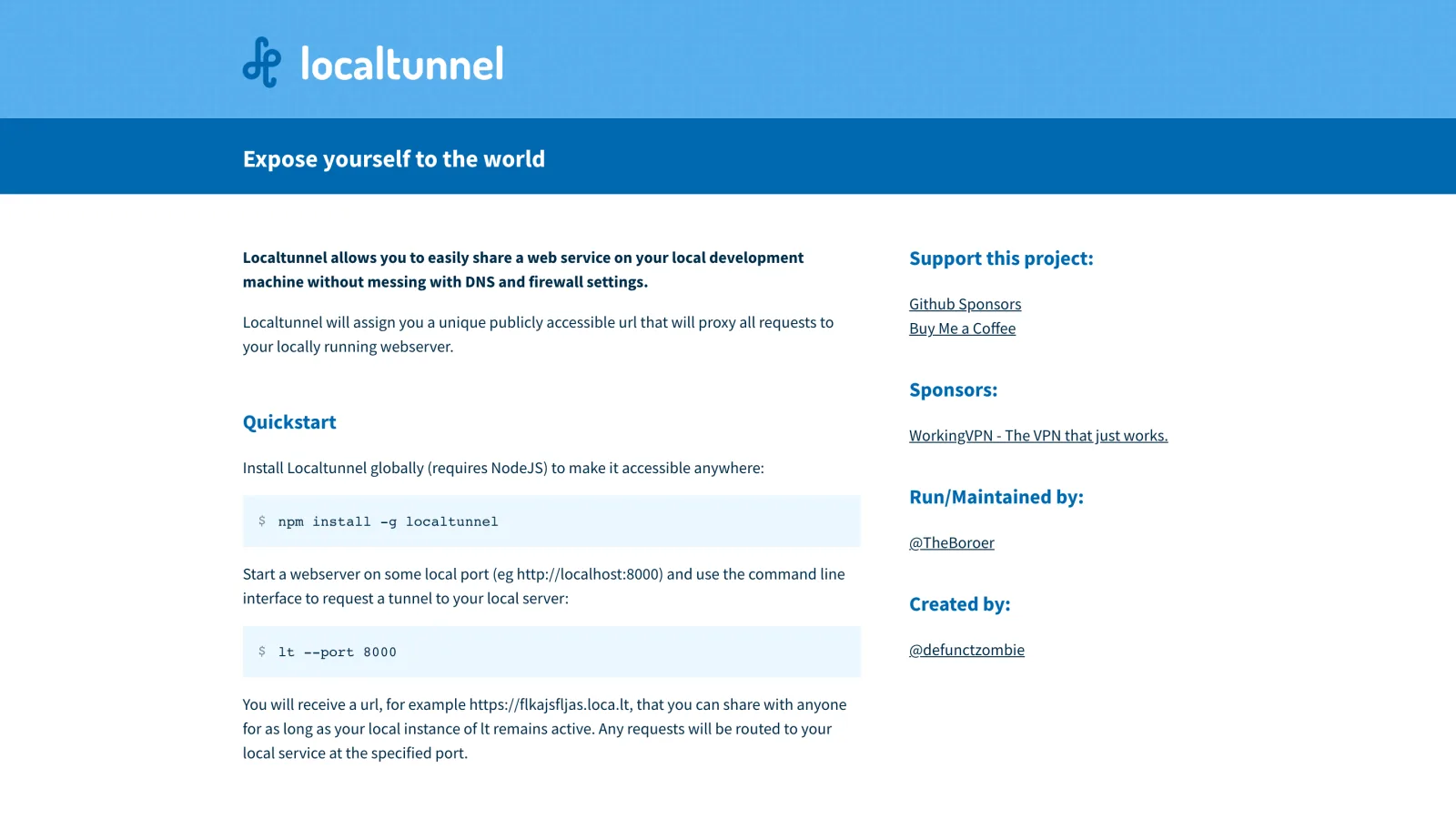 Localtunnel homepage with the npm install and lt --port quickstart