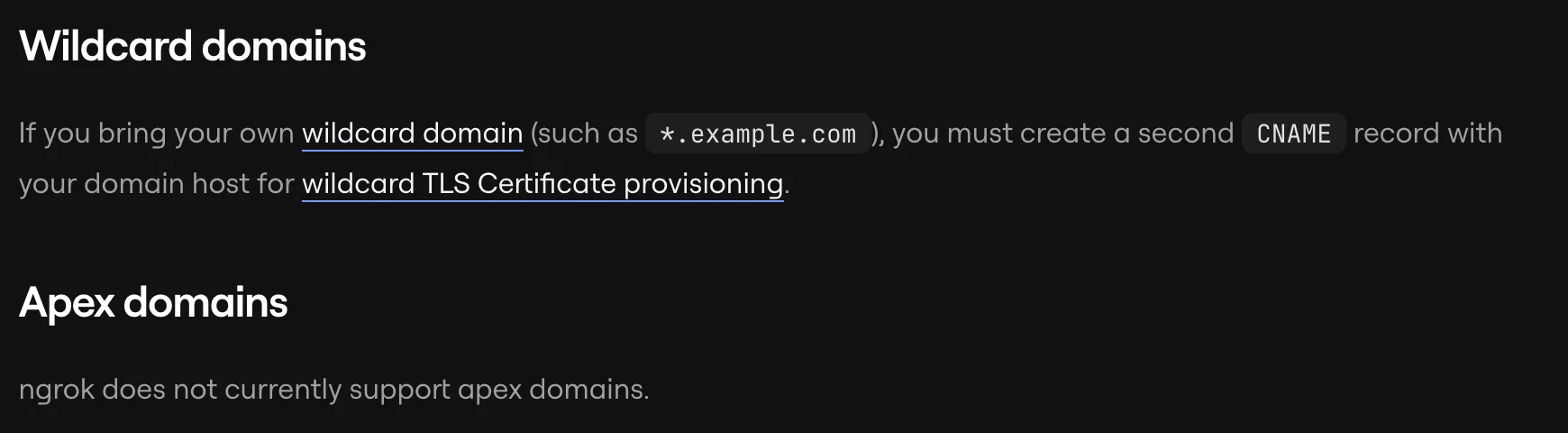 Ngrok documentation stating that ngrok does not currently support apex domains