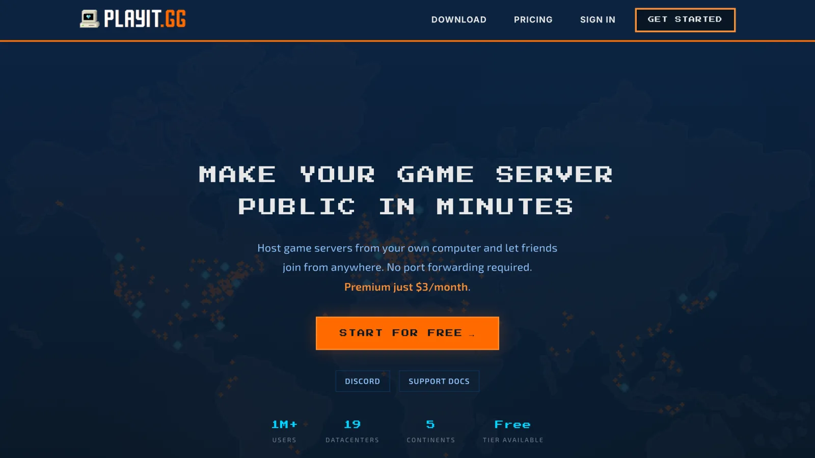 Playit.gg homepage: make your game server public in minutes, Premium $3 a month