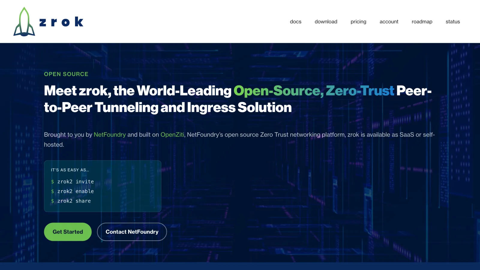 zrok.io homepage showing the zrok2 invite, enable and share commands