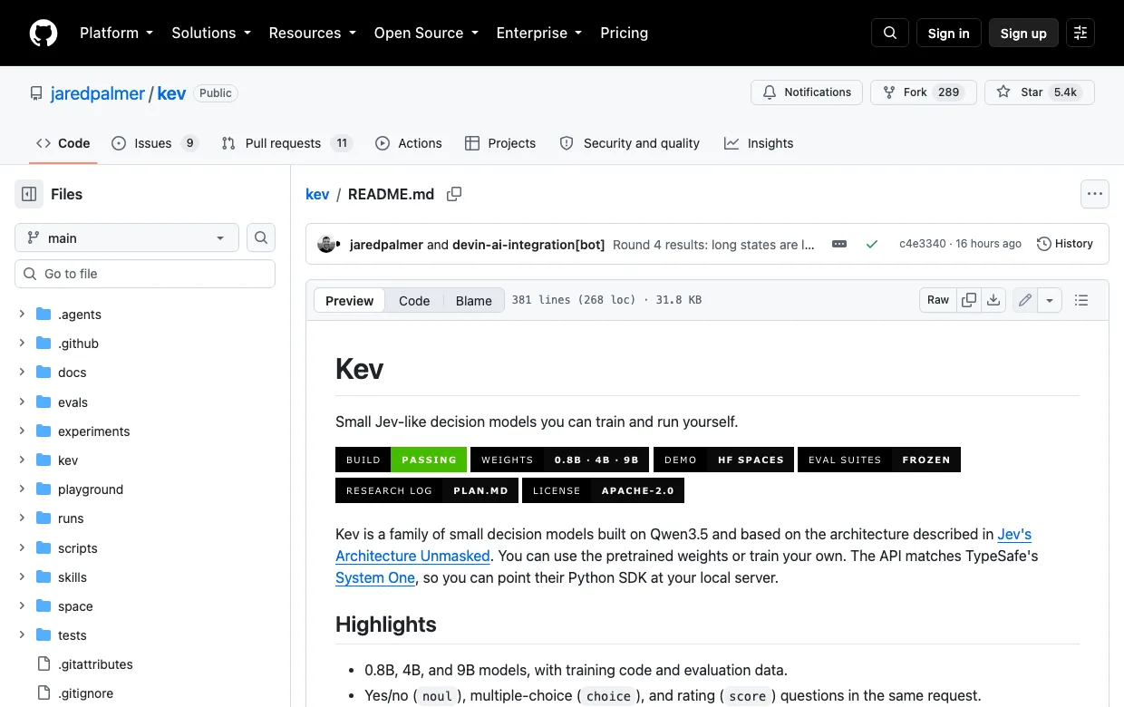 The Kev repository on GitHub at 5.4k stars, describing small Jev-like decision models you can train and run yourself