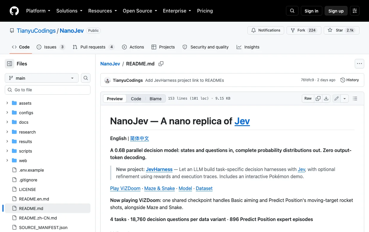 The NanoJev repository on GitHub at 2.1k stars, described as a nano replica of Jev and a 0.6B parallel decision model