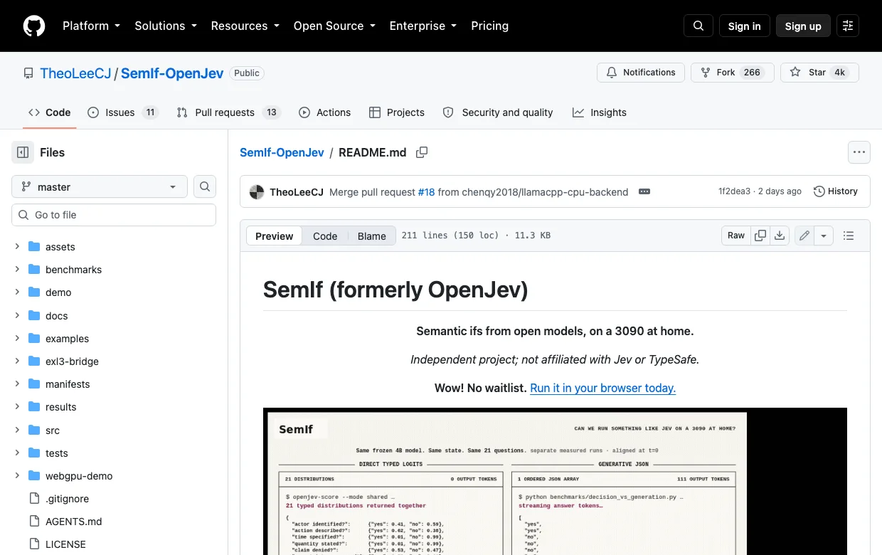 The SemIf-OpenJev repository on GitHub at 4k stars, subtitled semantic ifs from open models, on a 3090 at home