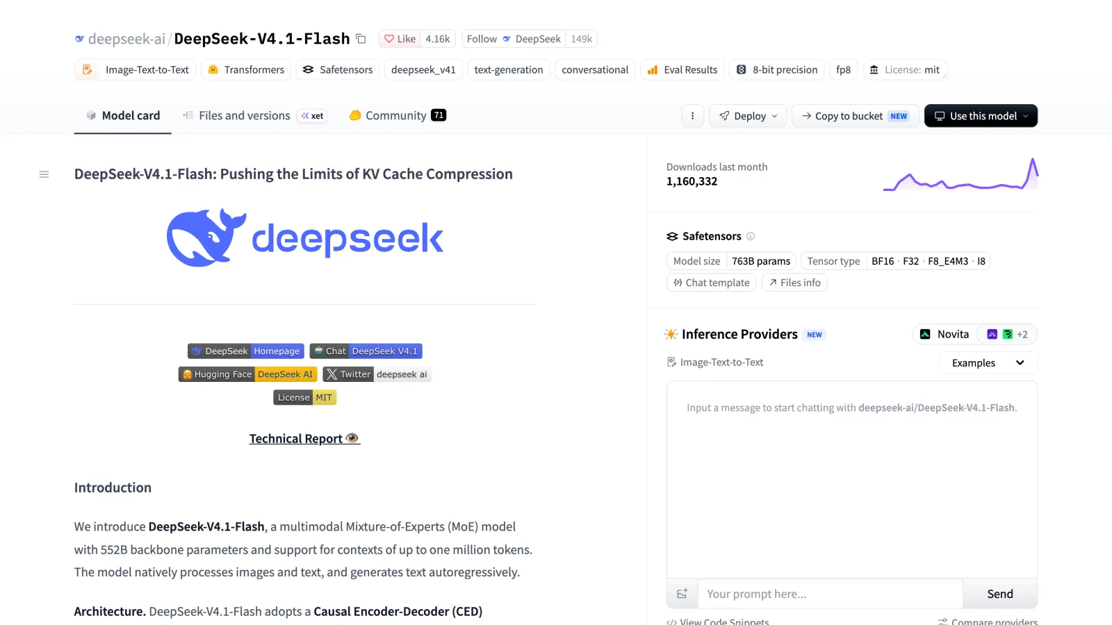 Hugging Face model page for deepseek-ai/DeepSeek-V4.1-Flash, showing the MIT license and the 552B backbone in its introduction