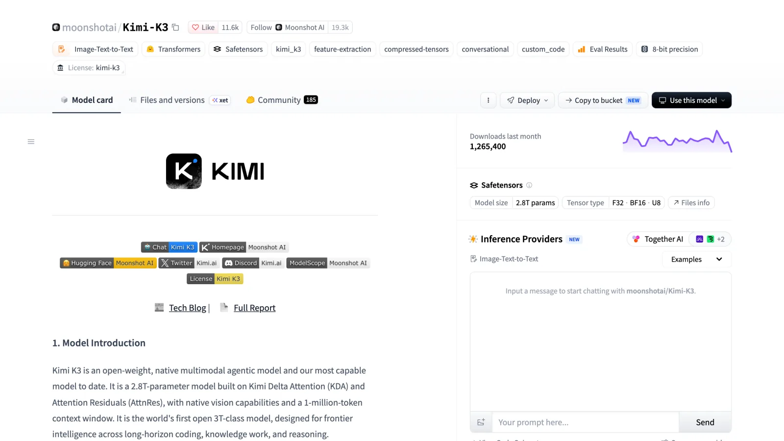 Hugging Face model page for moonshotai/Kimi-K3, showing the kimi-k3 license and 2.8T parameters