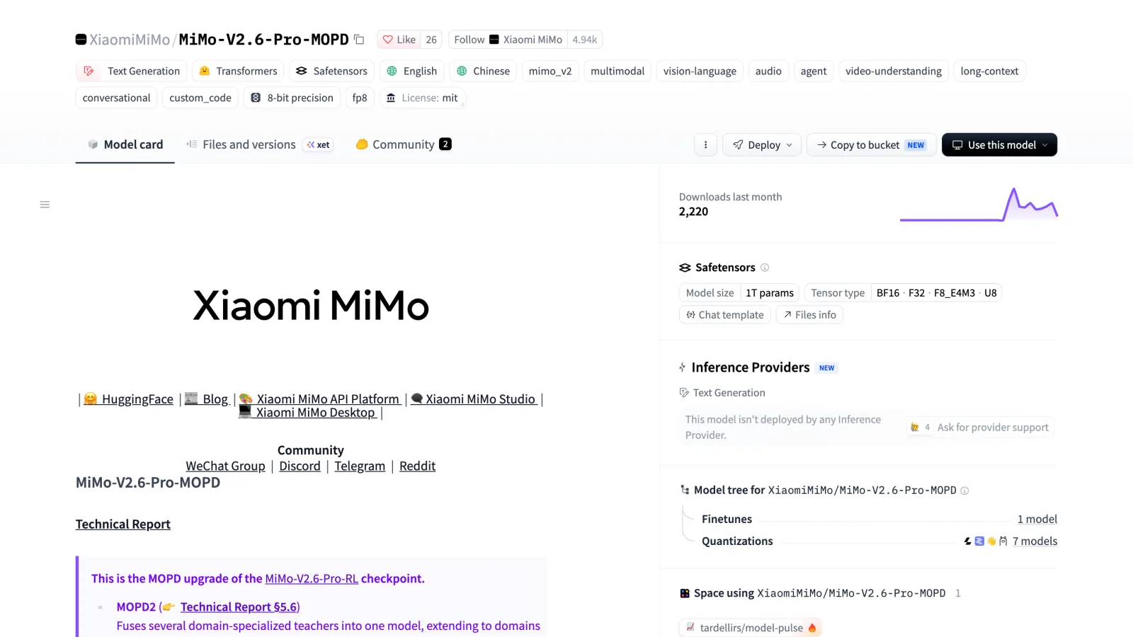 Hugging Face model page for XiaomiMiMo/MiMo-V2.6-Pro-MOPD, showing the MIT license and 1T parameters