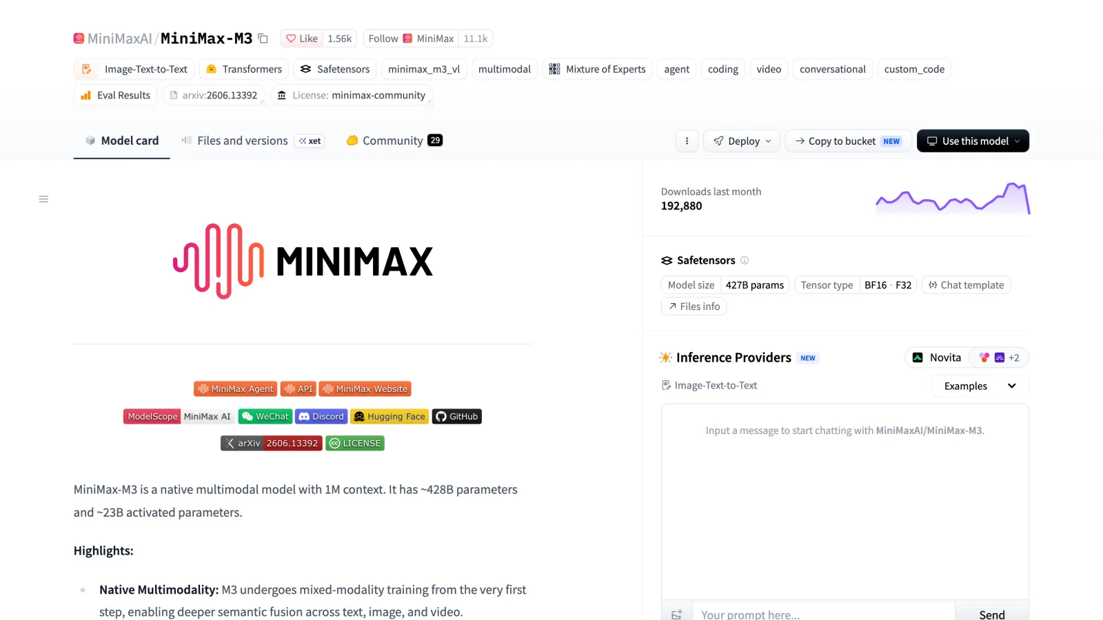 Hugging Face model page for MiniMaxAI/MiniMax-M3, showing the minimax-community license and 427B parameters