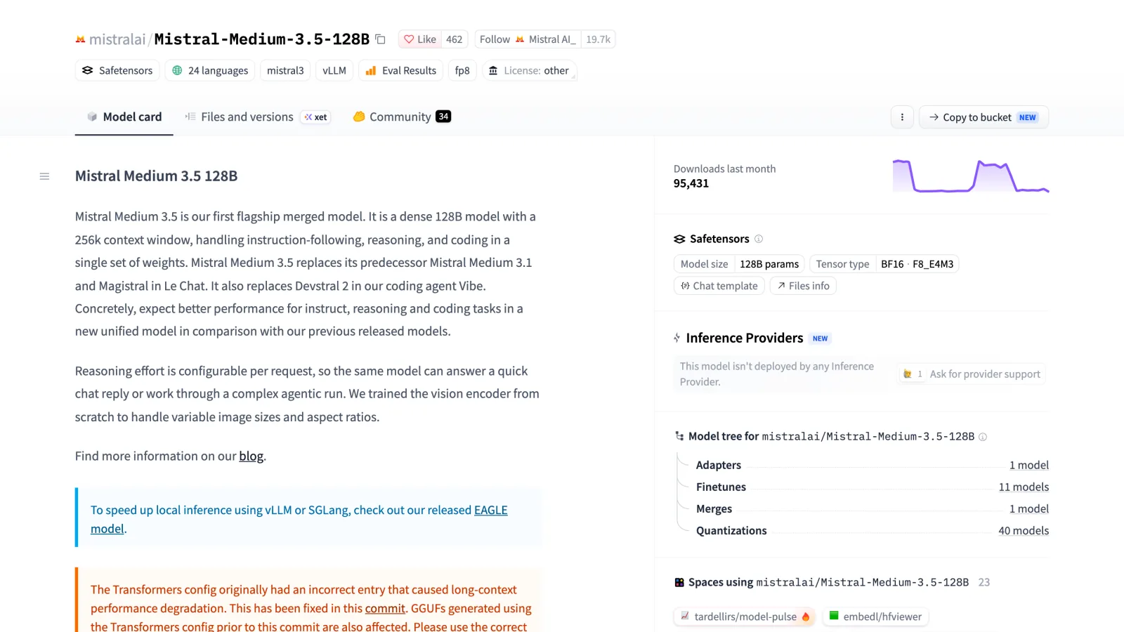 Hugging Face model page for mistralai/Mistral-Medium-3.5-128B, which says it replaces Devstral 2 in Vibe