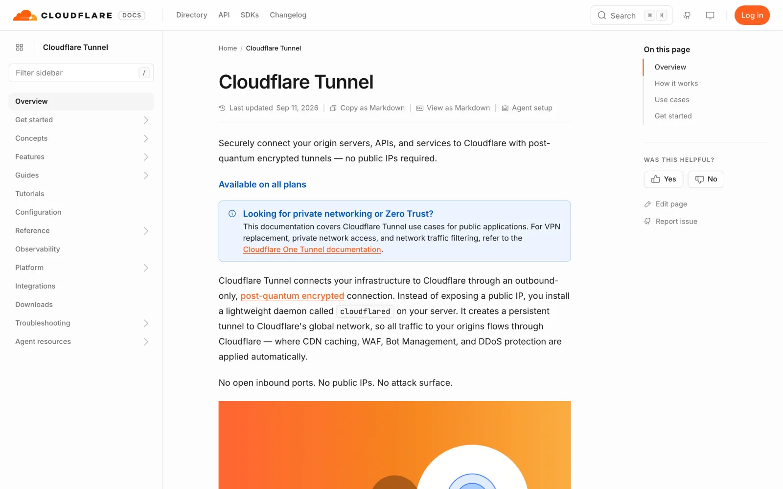 Cloudflare Tunnel documentation overview page noting it is available on all plans