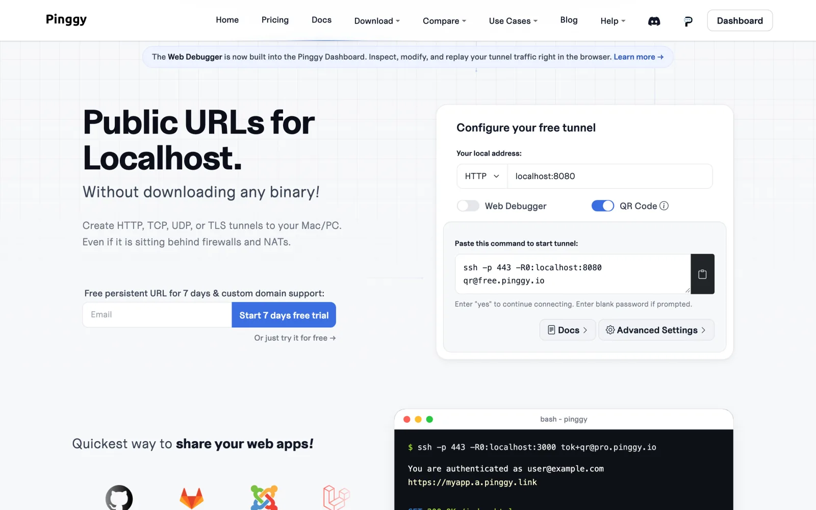 Pinggy homepage with the free tunnel configurator and the SSH command it generates