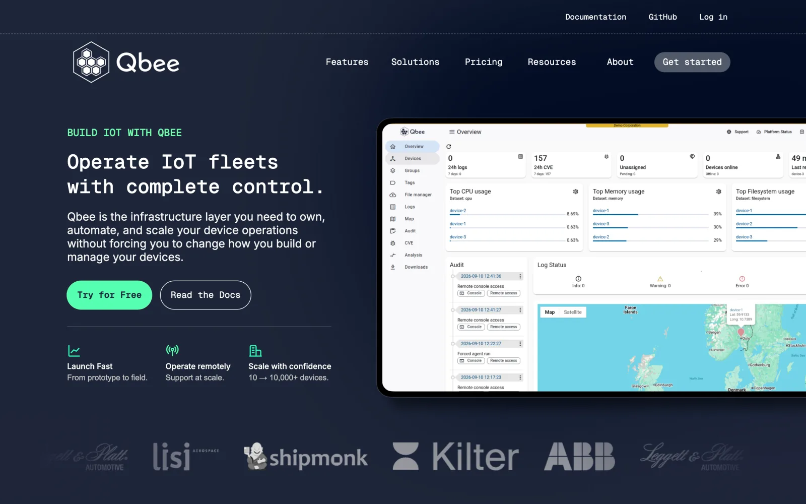 qbee.io homepage with its IoT fleet dashboard showing devices, logs and a map