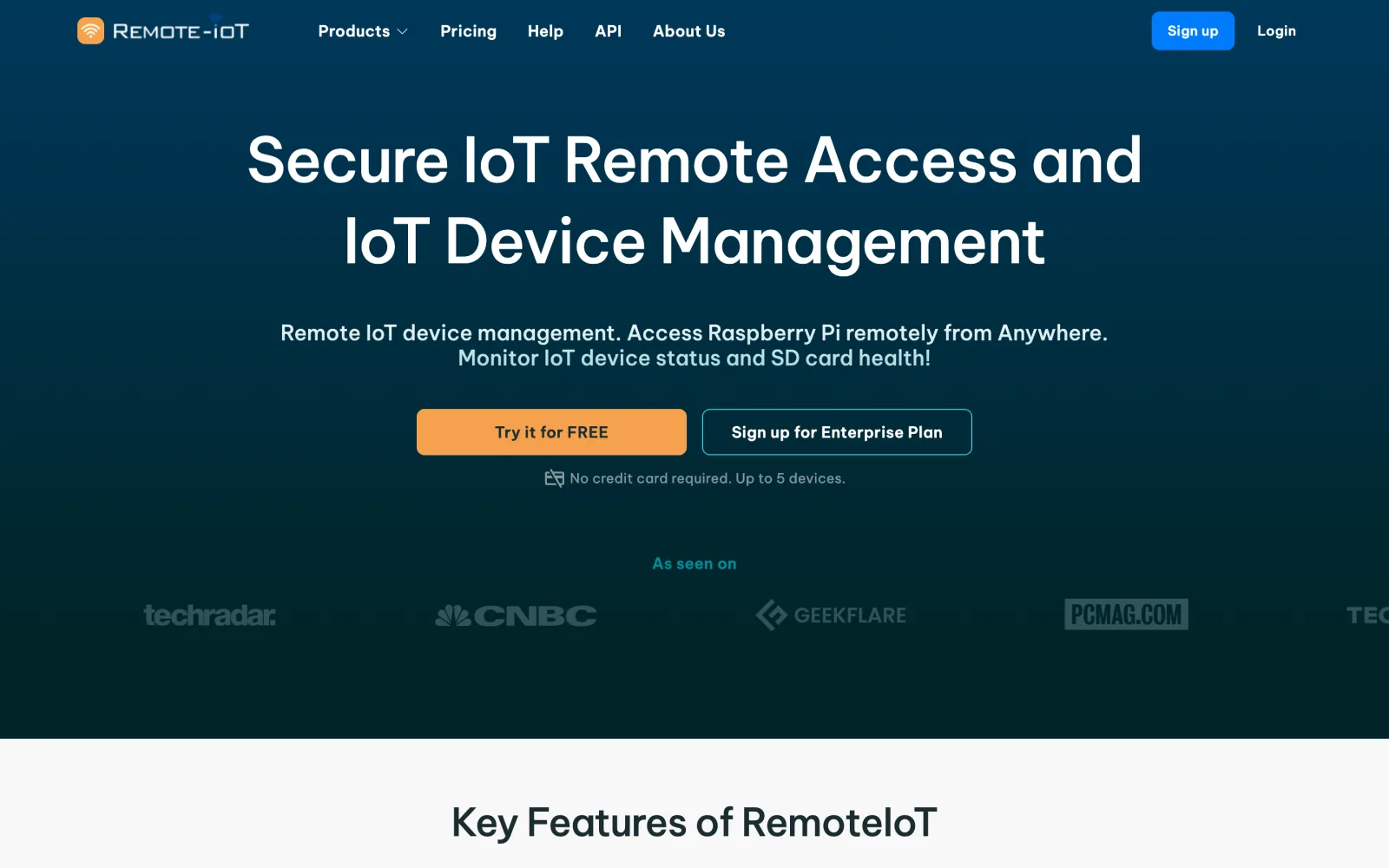 RemoteIoT homepage offering secure IoT remote access and device management for Raspberry Pi