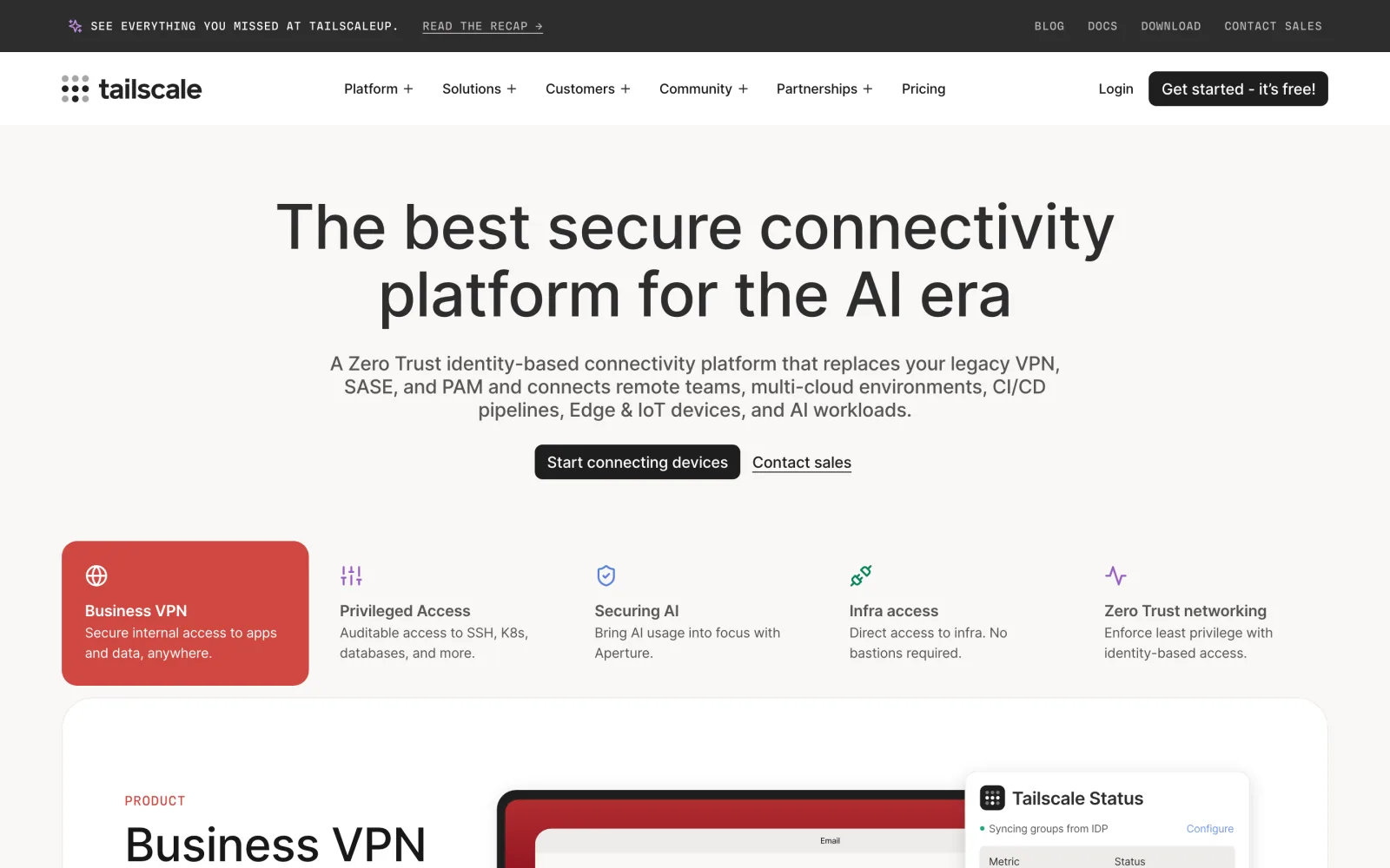 Tailscale homepage describing its zero trust connectivity platform