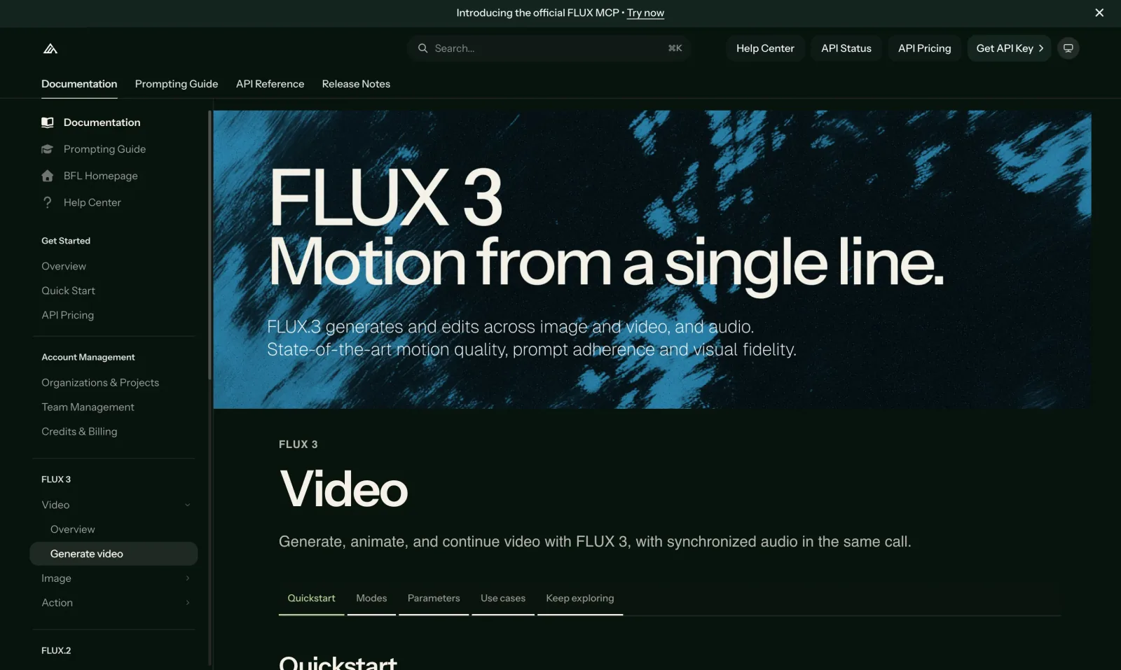 Black Forest Labs docs page for FLUX 3 video generation with synchronized audio