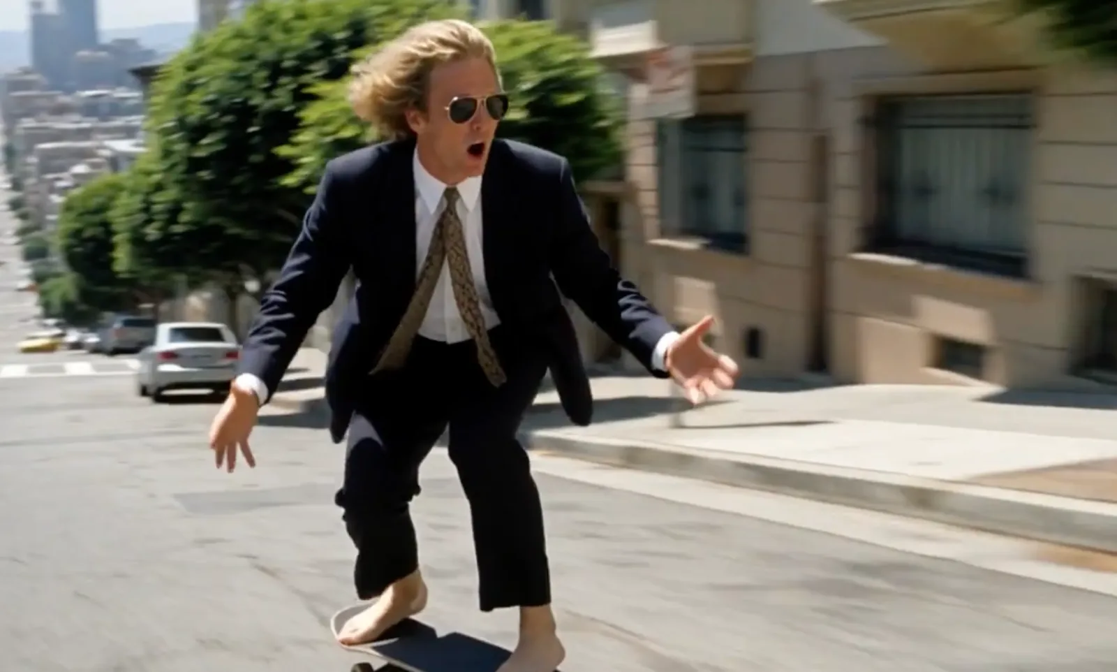 Frame from a Grok Imagine Video 1.5 sample clip of a man in a suit on a city street