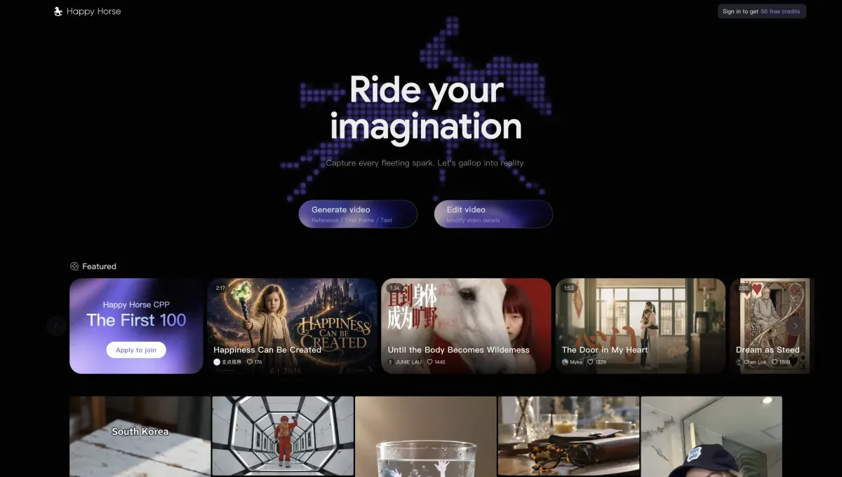 HappyHorse website with featured AI-generated videos