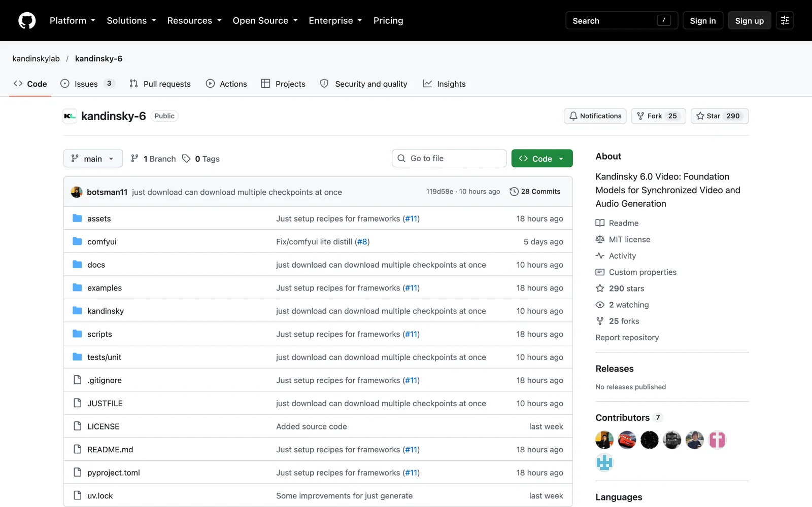 Kandinsky Lab GitHub repository for Kandinsky 6.0 Video, foundation models for synchronized video and audio generation