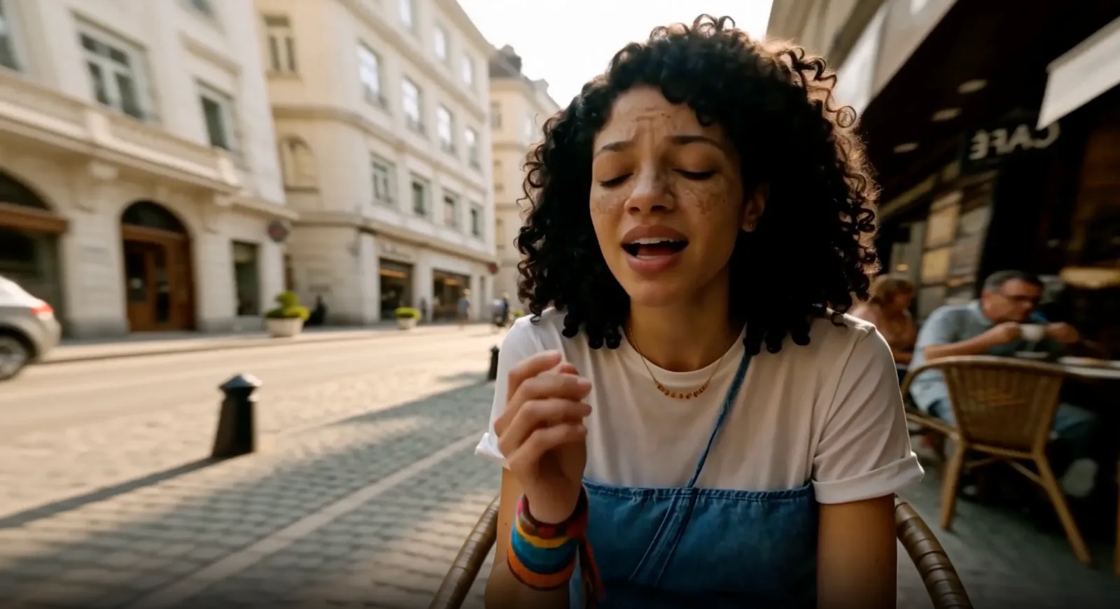 Frame from a MiniMax H3 sample video of a woman singing at a street cafe
