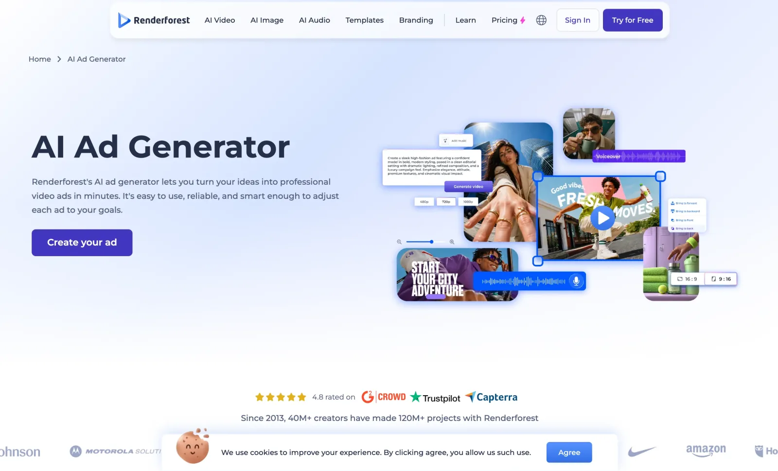 Renderforest AI Ad Generator page