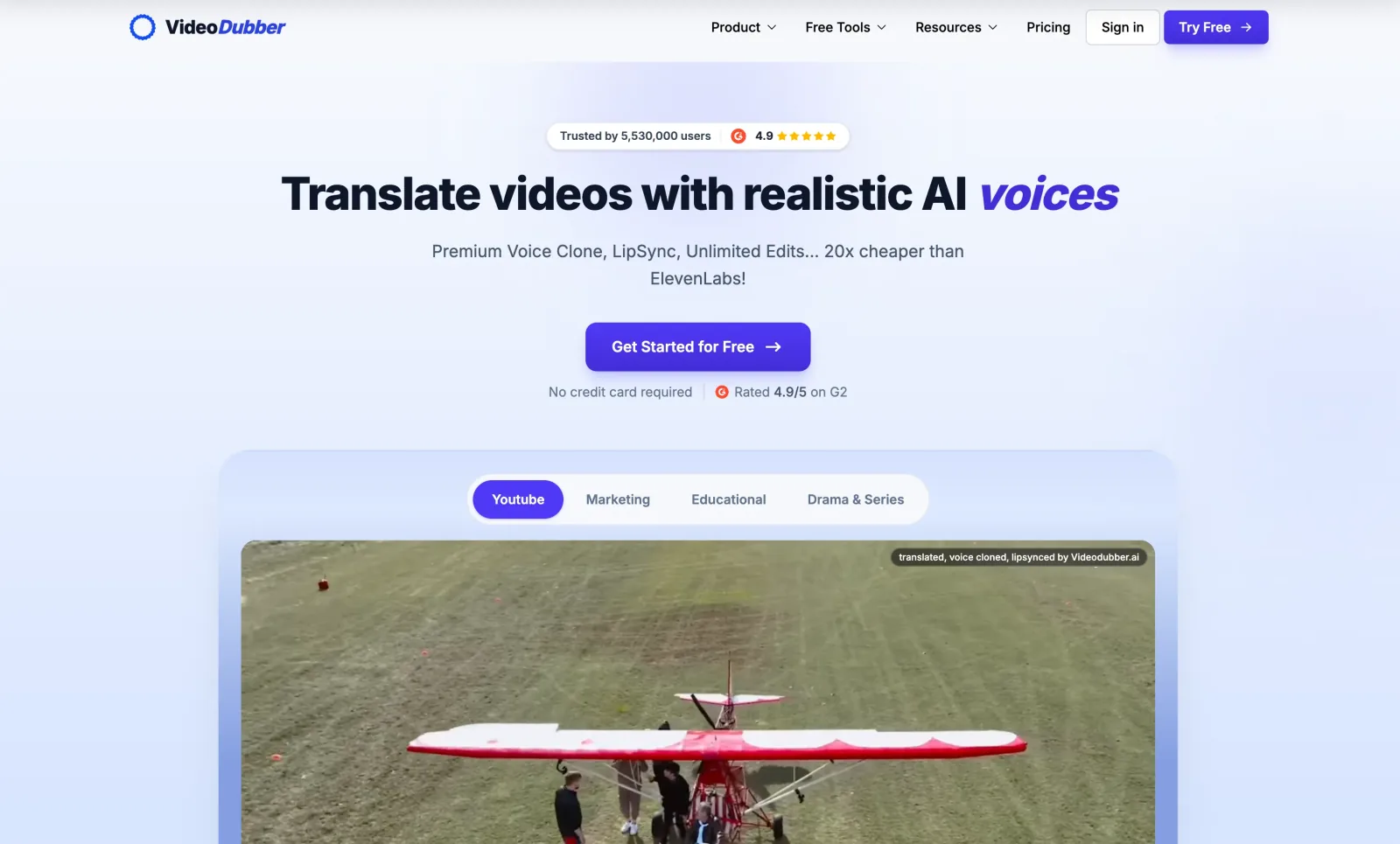 VideoDubber home page for translating videos with realistic AI voices