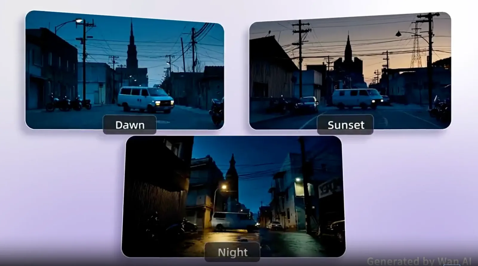 Wan 2.2 sample frames of the same street at dawn, sunset and night