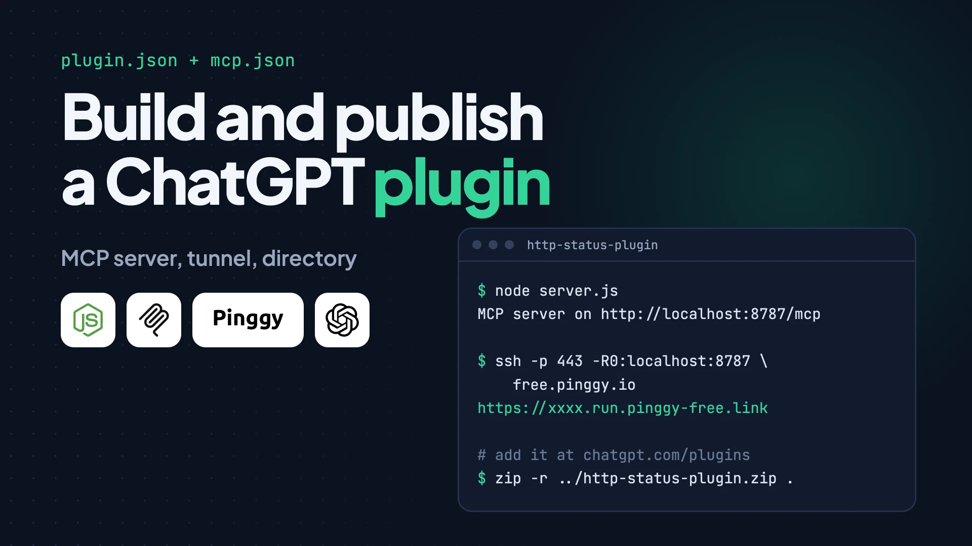 Headline beside Node.js, MCP, Pinggy and OpenAI logos and a terminal running node server.js, the Pinggy ssh tunnel command and the plugin zip command