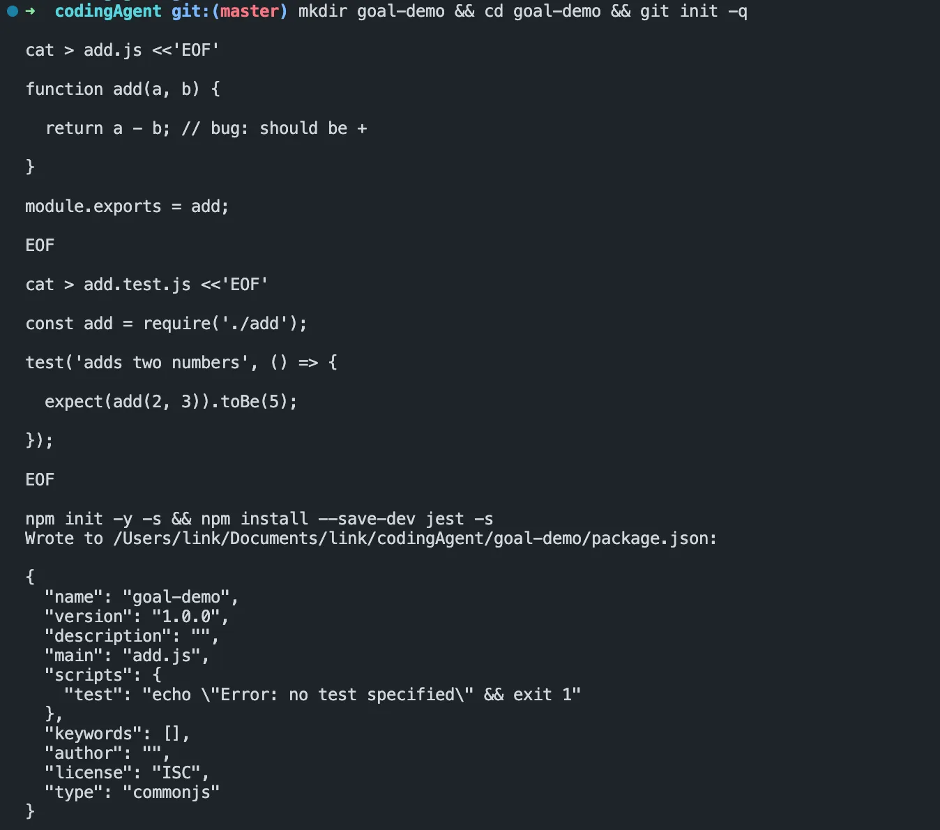 Setting up the buggy add.js fixture and installing Jest