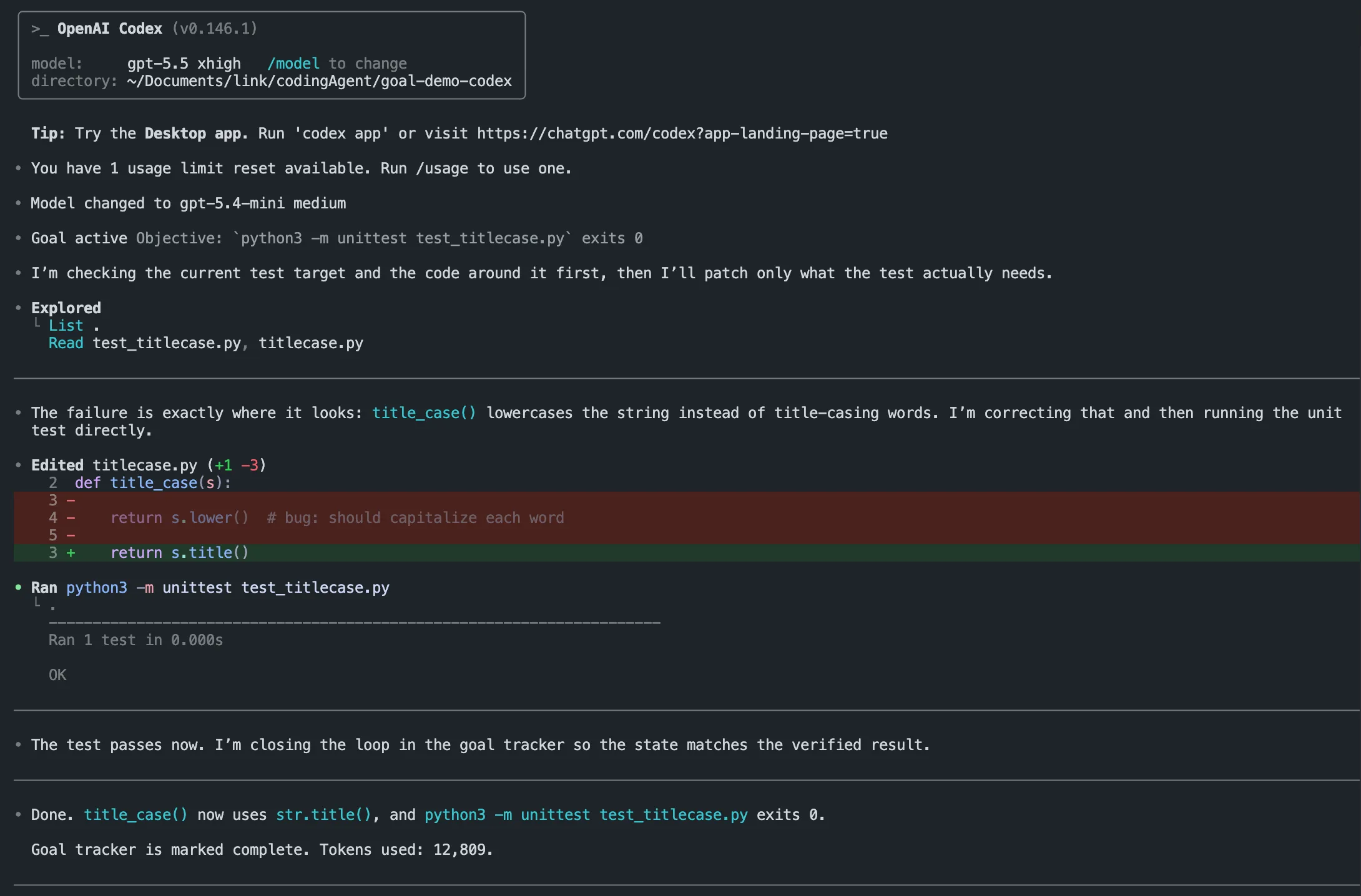 Codex CLI Goal Mode fixing titlecase.py and marking the goal complete