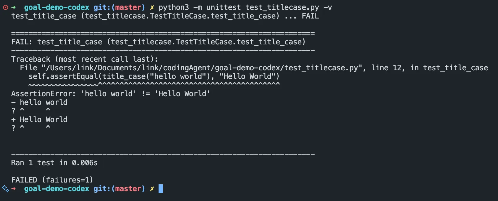 python3 -m unittest failing on the seeded bug before Codex touches the code