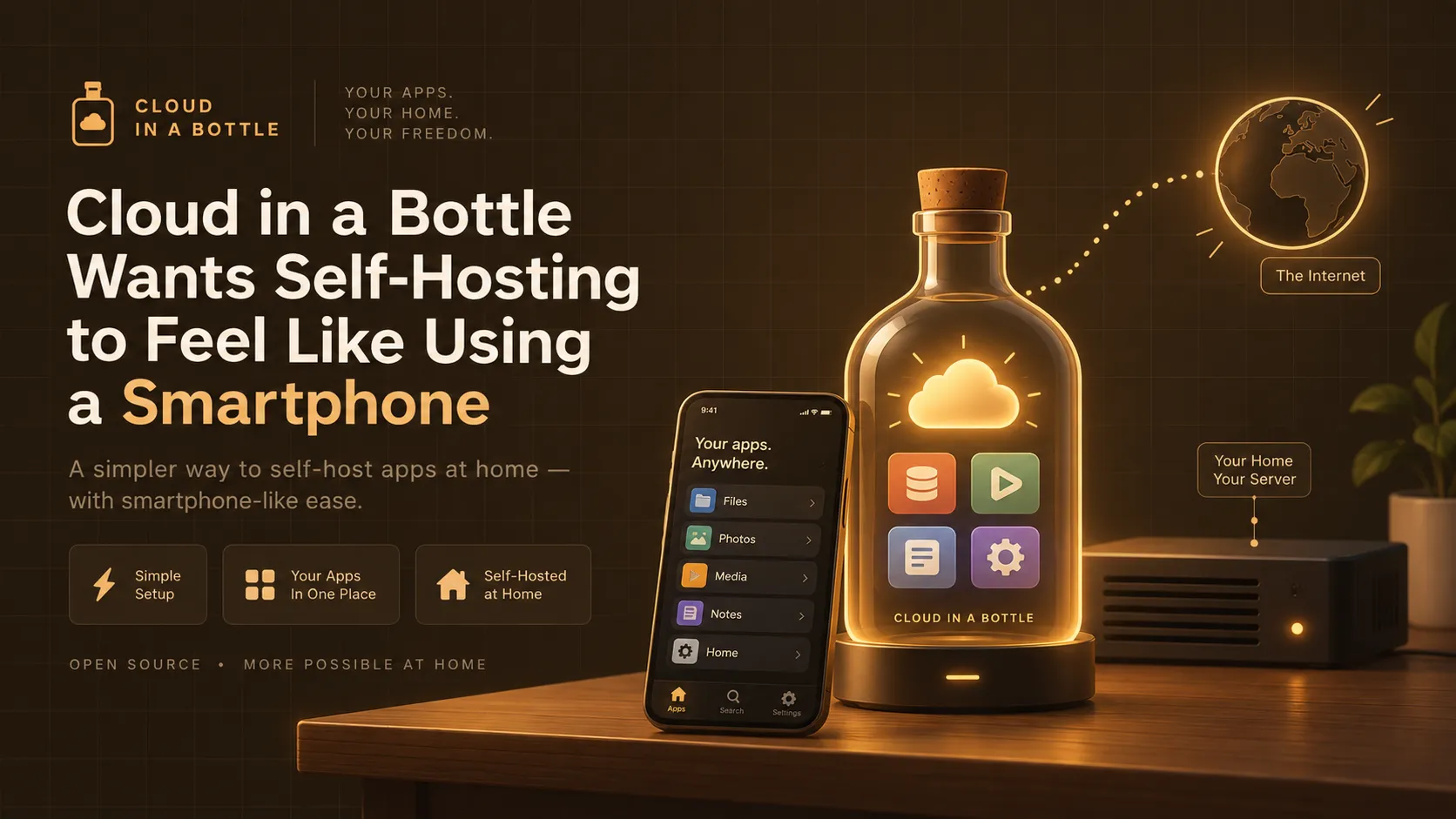Illustration of a personal cloud server in a bottle labeled Cloud in a Bottle, connected through a home network router out to the open internet