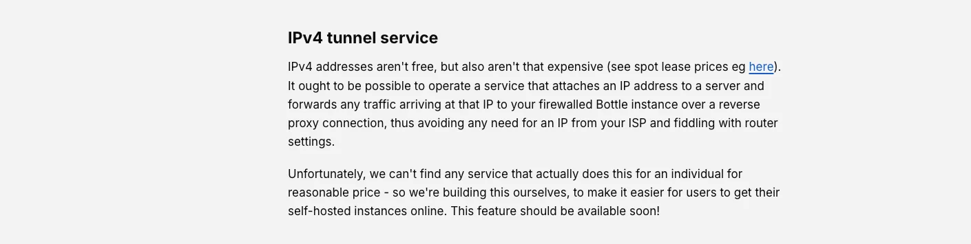 Cloud in a Bottle documentation admitting it can't find an affordable IPv4 tunnel service and is building one itself, saying the feature should be available soon