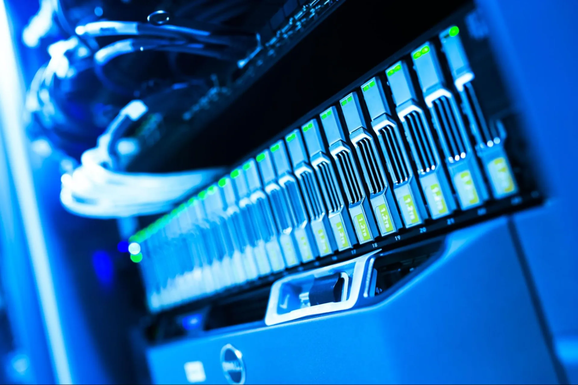 Blue-lit server rack with rows of drive bays and bundled cabling