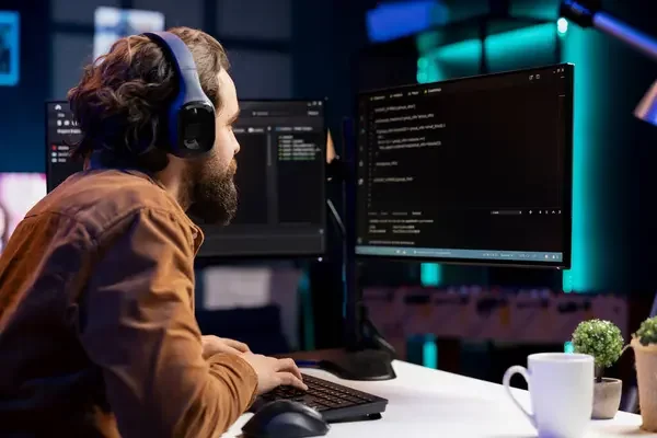 Developer in headphones at a dark desk working across two monitors showing code