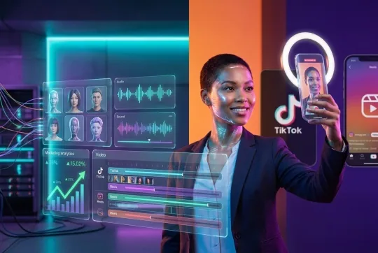 Presenter filming on a ring-lit phone beside floating panels of avatar thumbnails, audio waveforms and a social video timeline