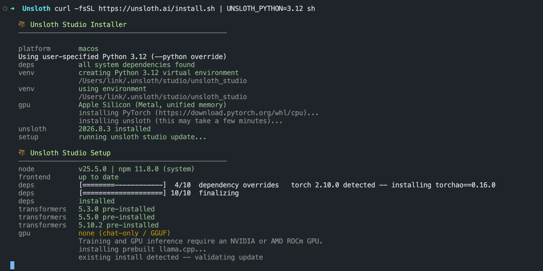 Unsloth Studio installer output on macOS, pinned to a native arm64 Python 3.12
