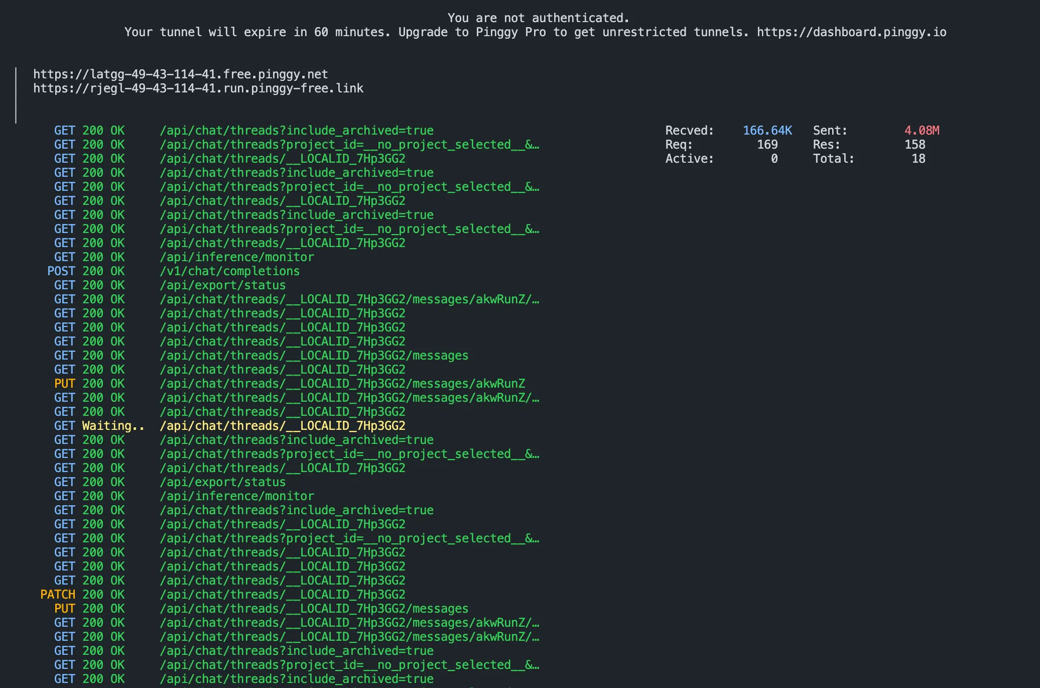 Pinggy terminal showing live request logs and transfer counters for the tunnelled Unsloth Studio