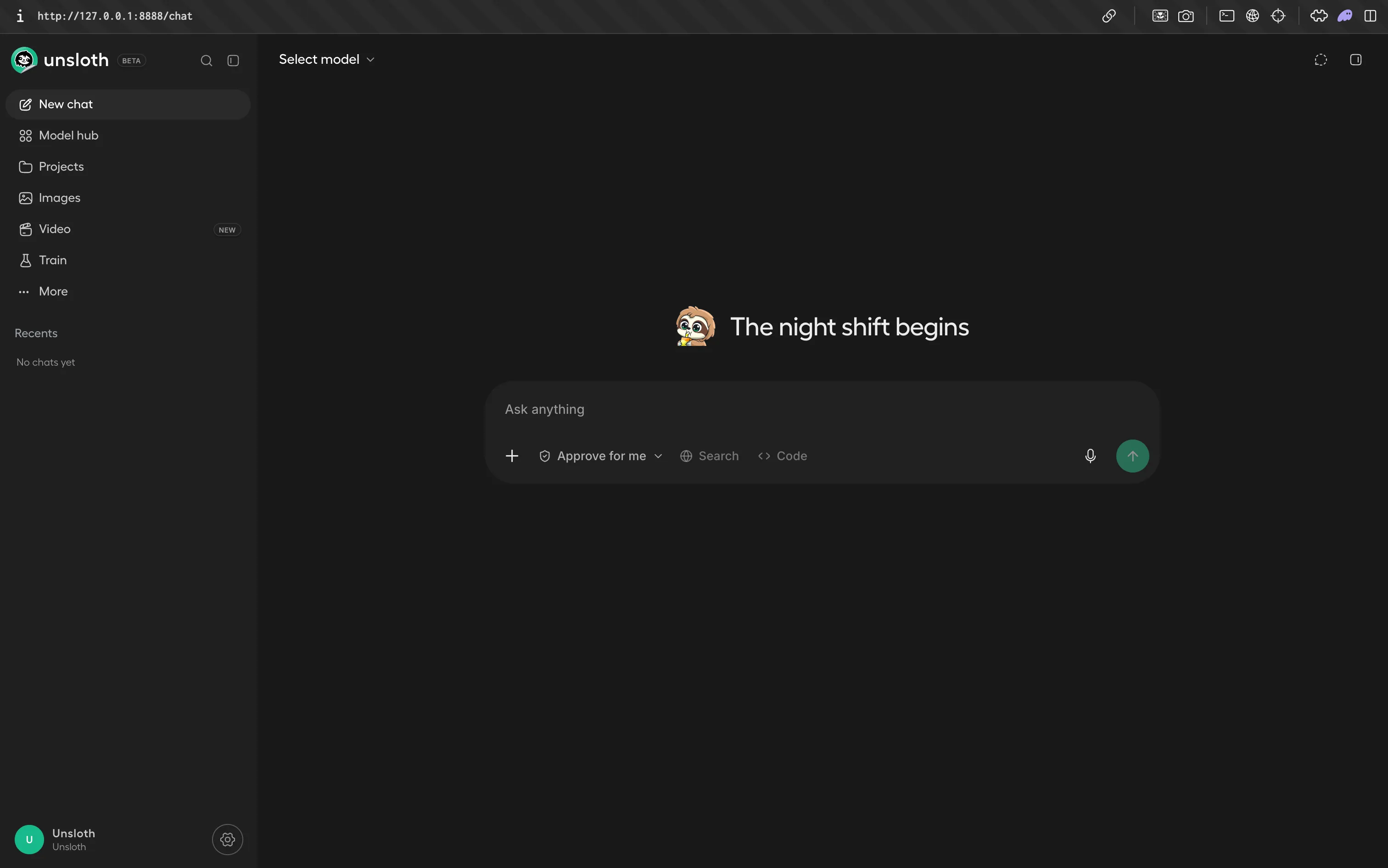 Unsloth Studio chat interface running locally on port 8888