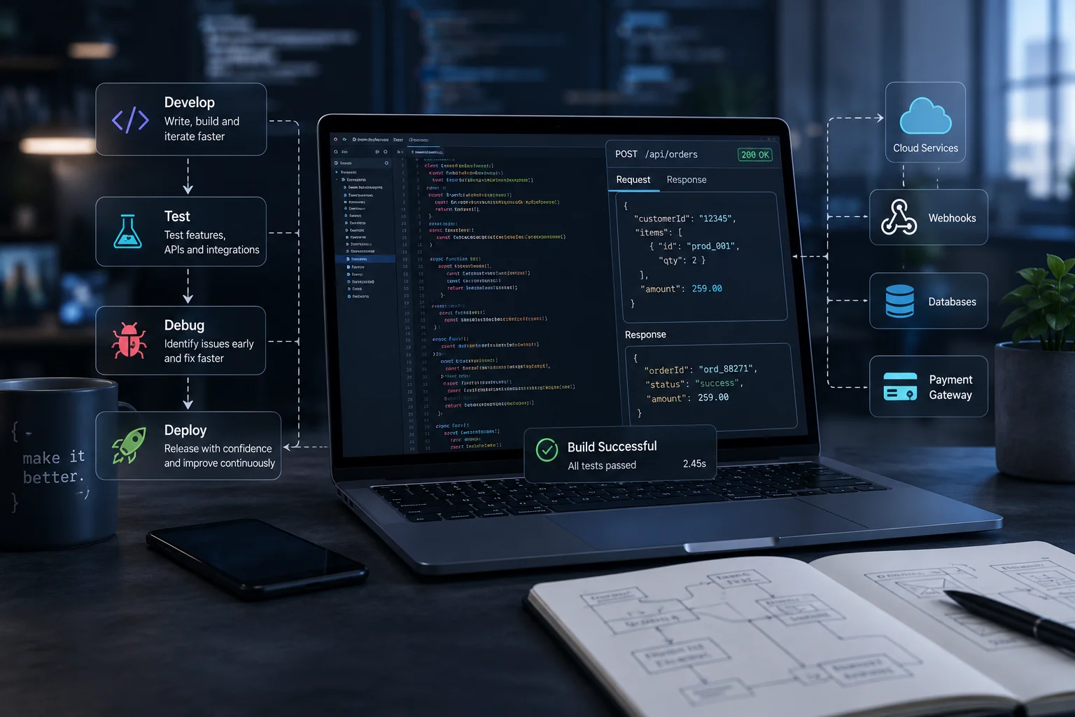 Develop, test, debug and deploy cycle diagram beside a laptop showing an API request and response and a successful build notification