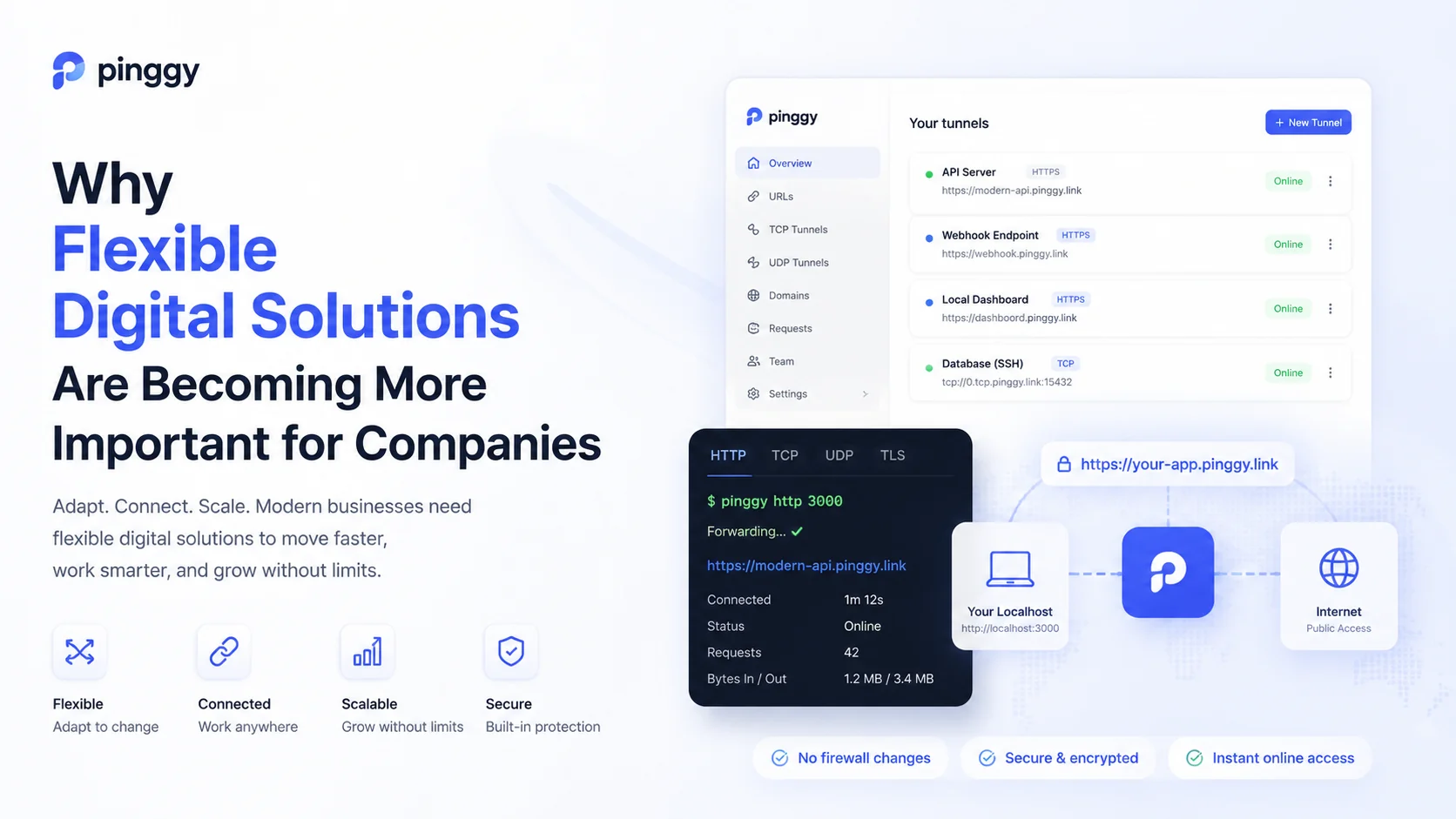 Title card reading Why Flexible Digital Solutions Are Becoming More Important for Companies beside a mock tunnel dashboard and terminal output