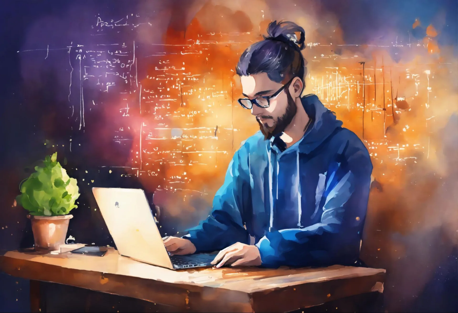 Watercolor illustration of a bearded developer in a blue hoodie typing on a laptop at a wooden desk, with glowing code sketched on the wall behind
