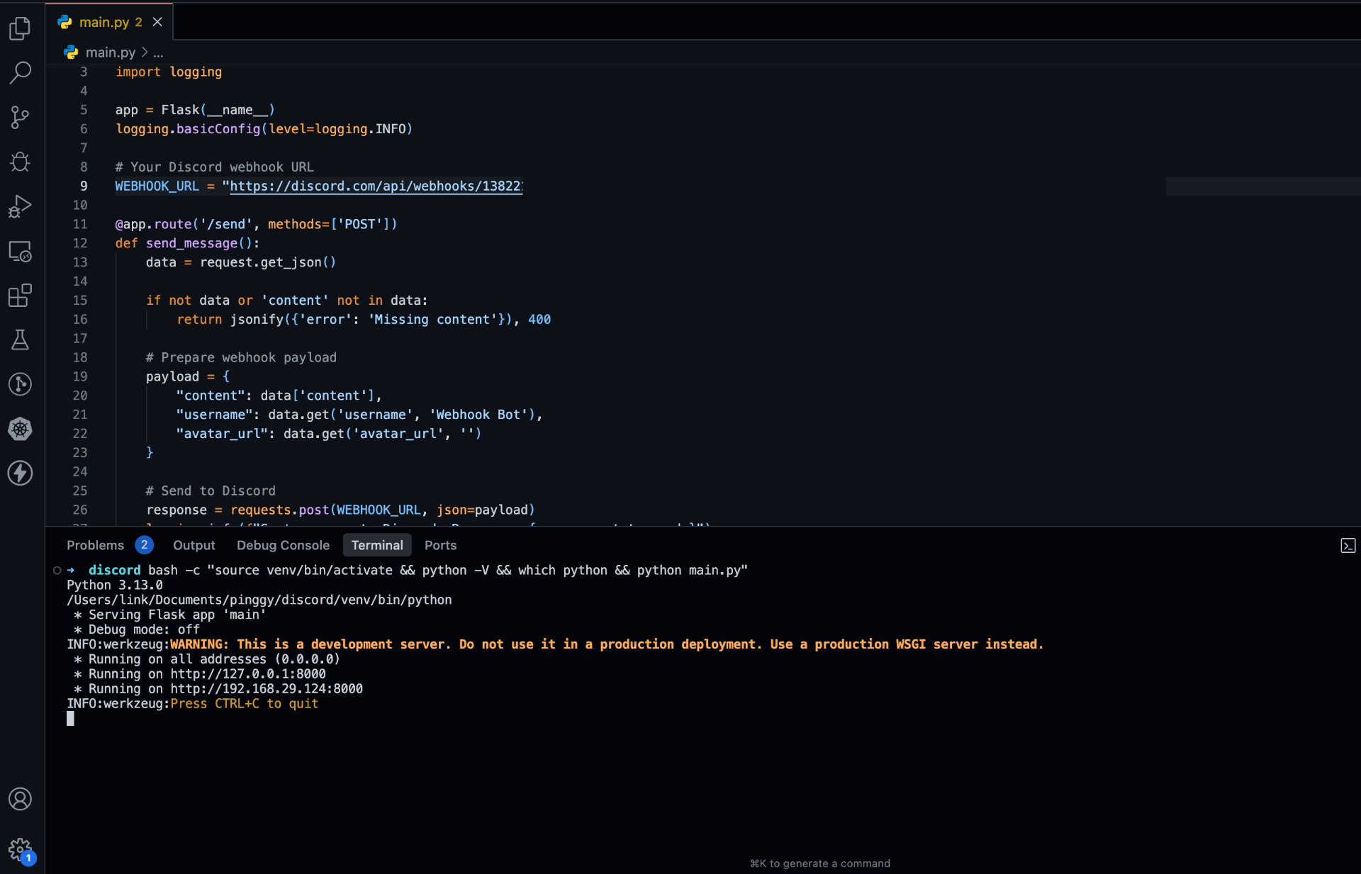 Flask server running on port 8000
