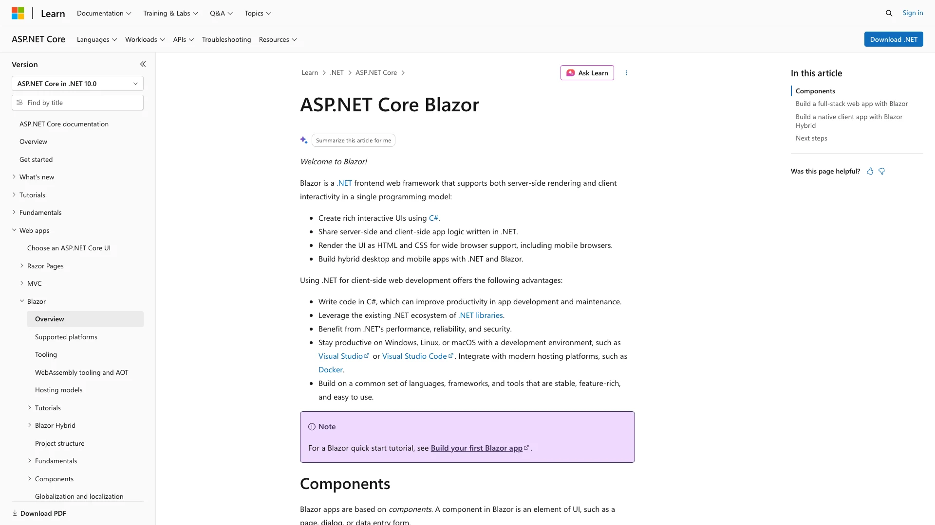The Microsoft Learn documentation page for ASP.NET Core Blazor
