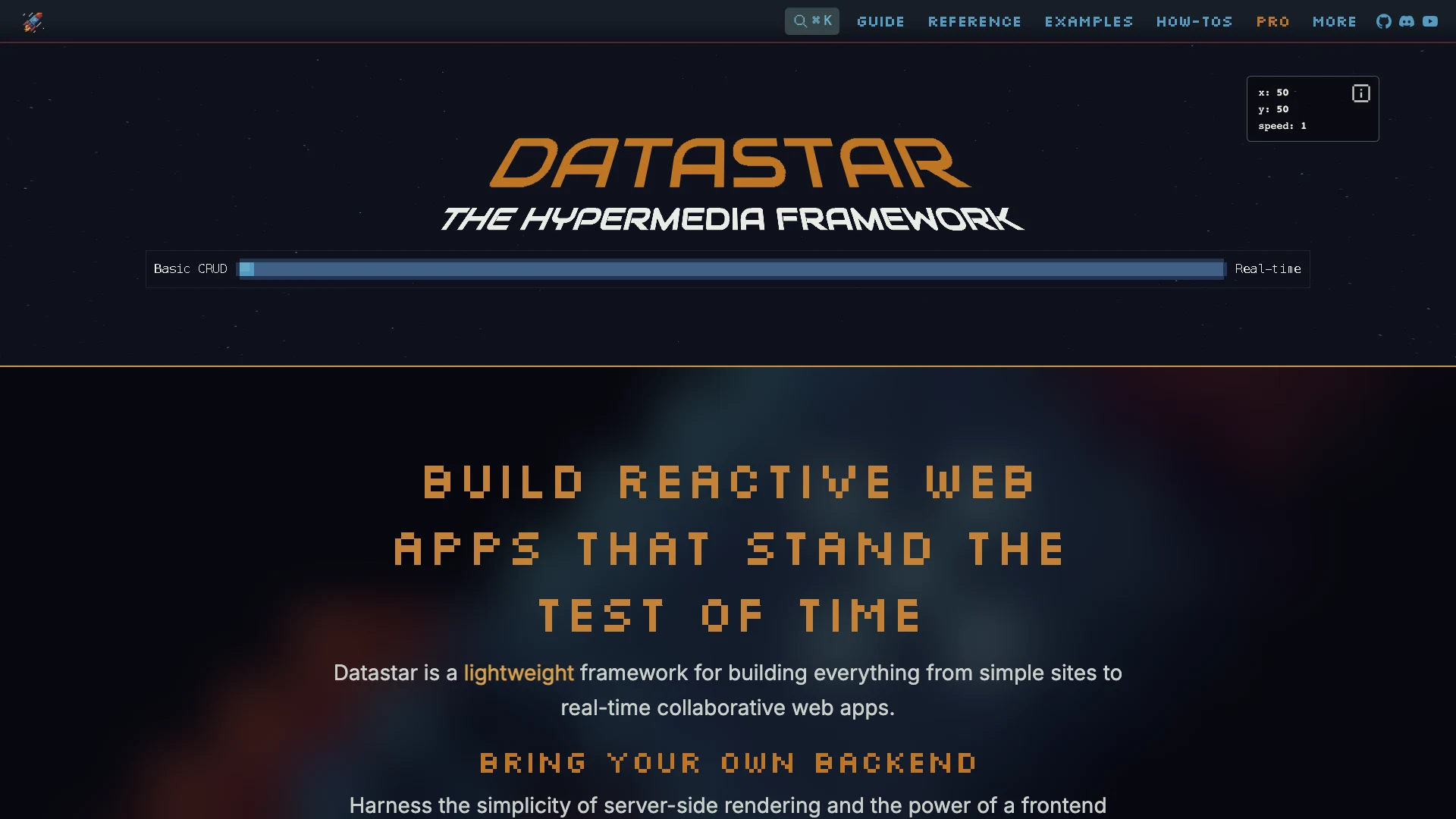 The Datastar homepage, billed as "the hypermedia framework," with a slider showing its range from basic CRUD to real-time apps