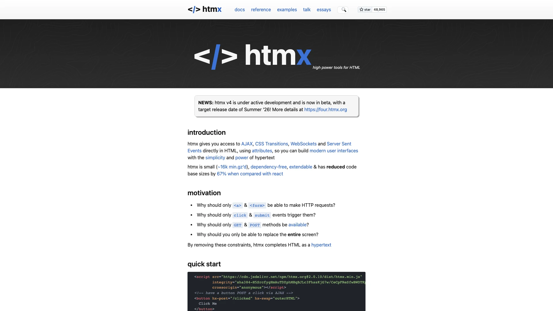 The htmx homepage, whose own news banner notes that htmx 4.0 is in beta with a target release of Summer 2026