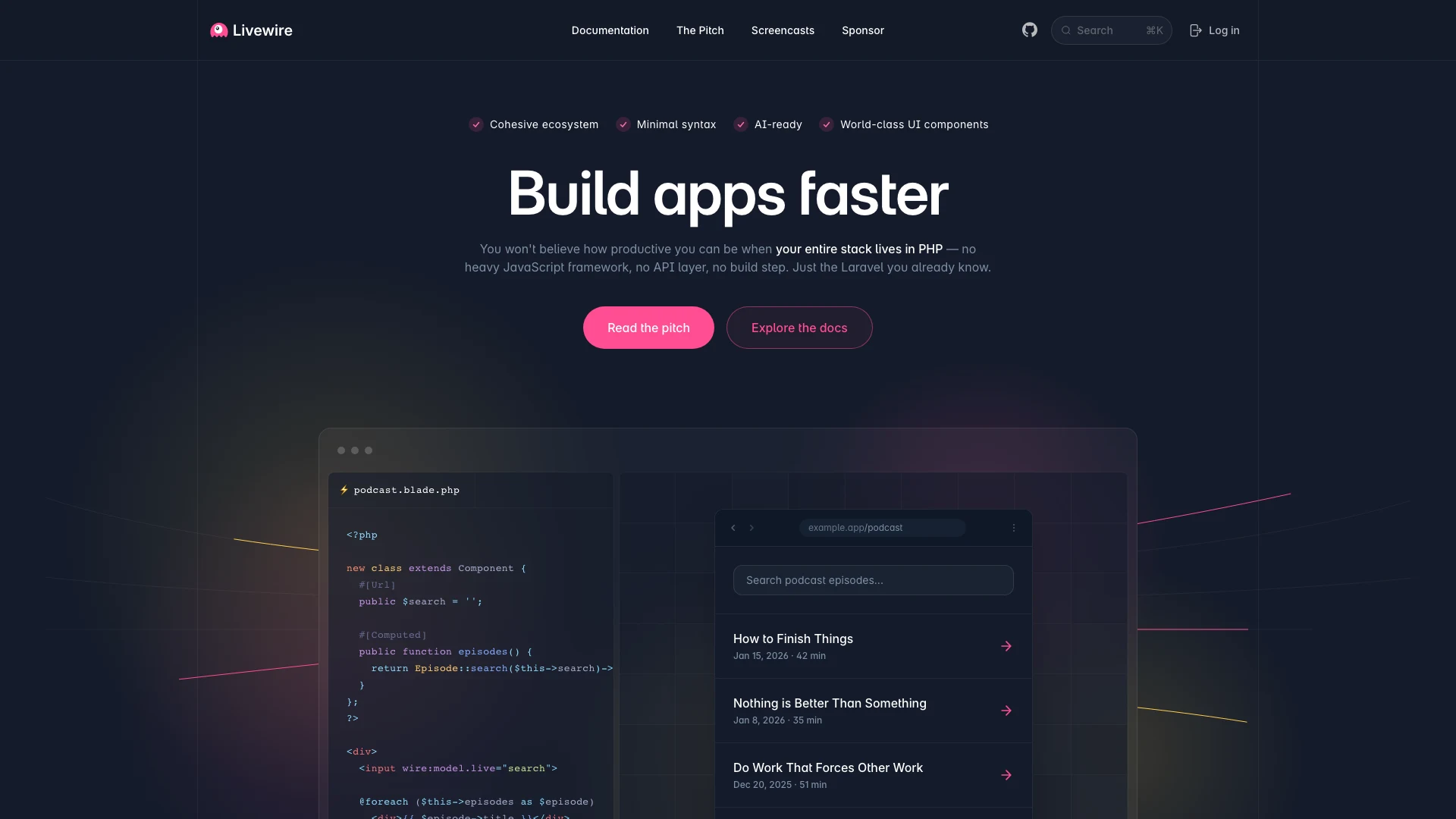 The Laravel Livewire homepage showing a Blade component wired to a live-searching podcast episode list