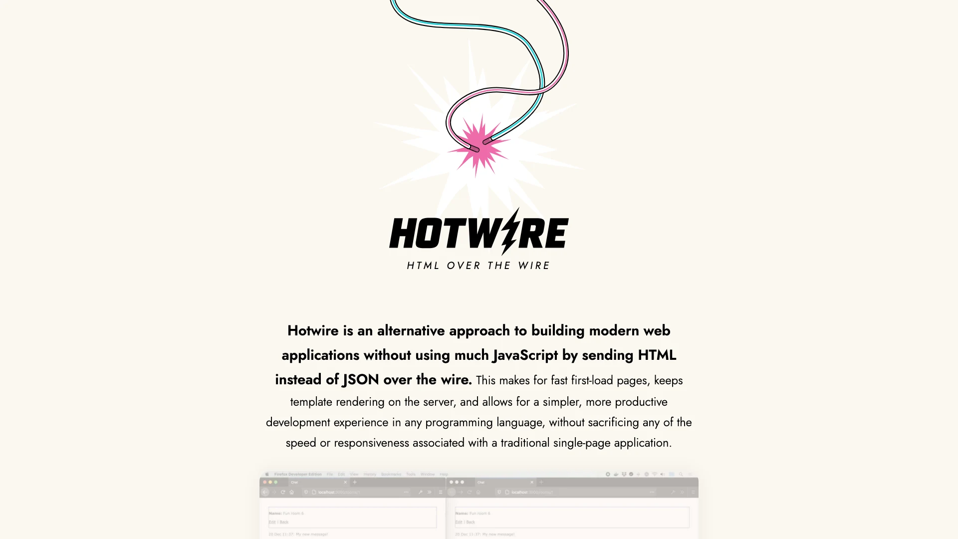 The Hotwire homepage with its "HTML over the wire" tagline, above a two-window demo of a synced live chat room