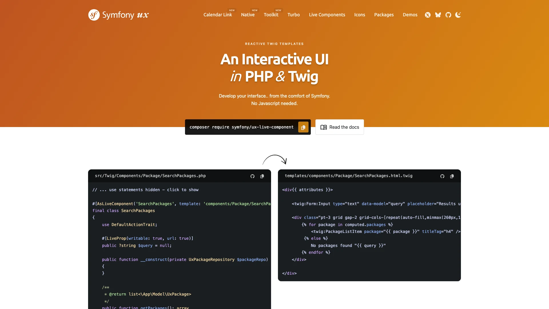 The Symfony UX Live Components homepage showing a PHP component class paired with its Twig template
