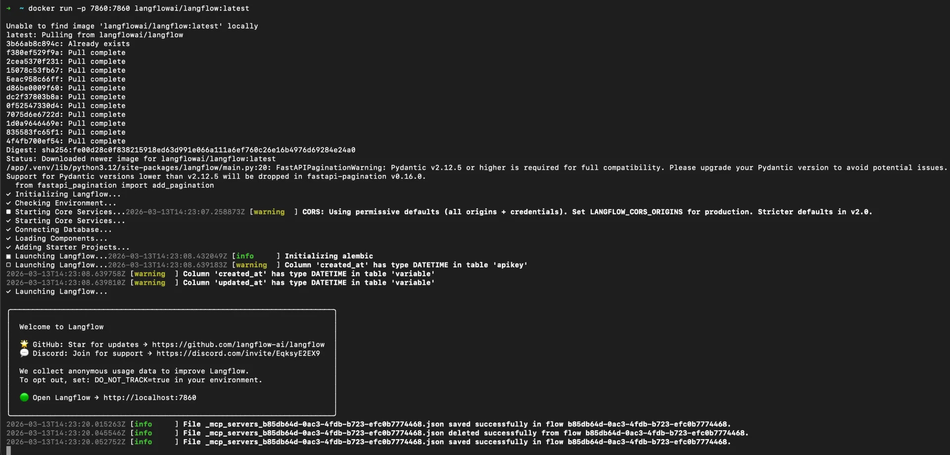 Docker pulling and starting the Langflow container