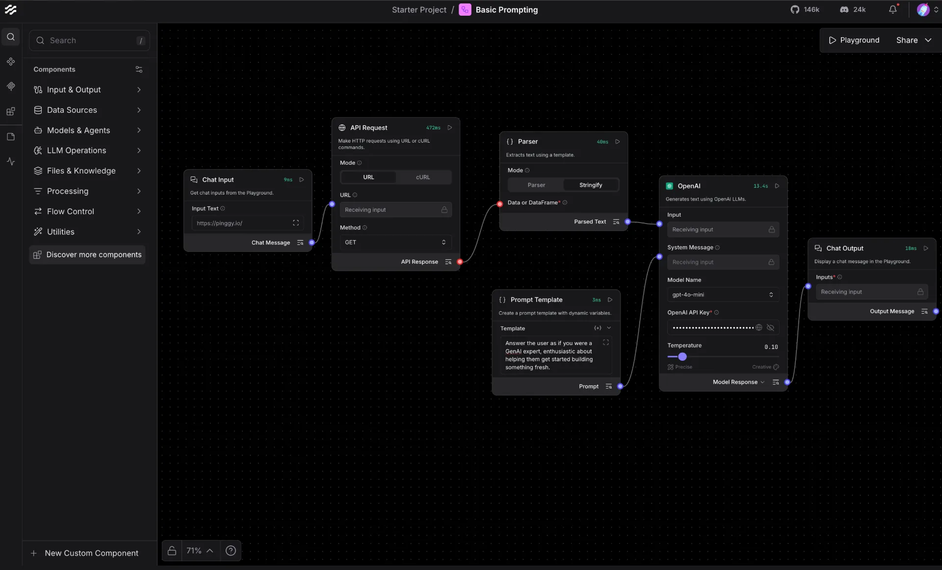 A web search agent flow in Langflow: Chat Input → API Request → Parser → Prompt Template → OpenAI → Chat Output